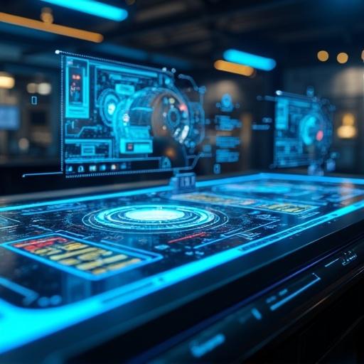 Visualize a high-tech console inspired by Iron Man. Show holographic elements with deep blue tones. Feature interactive elements such as dials and touchscreens. Include contrasting colors of yellow, red, and green. Incorporate sleek metal textures and digital schematics. Display layers of flying HUD elements. Create a dynamic scene that embodies futuristic design.
