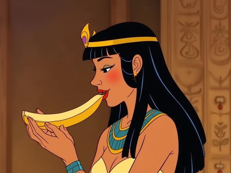 Cleopatra depicted in a playful cartoon style. She is licking a banana, showcasing a humorous take on the character. The setting reflects Ancient Egypt with warm tones and intricate backgrounds.