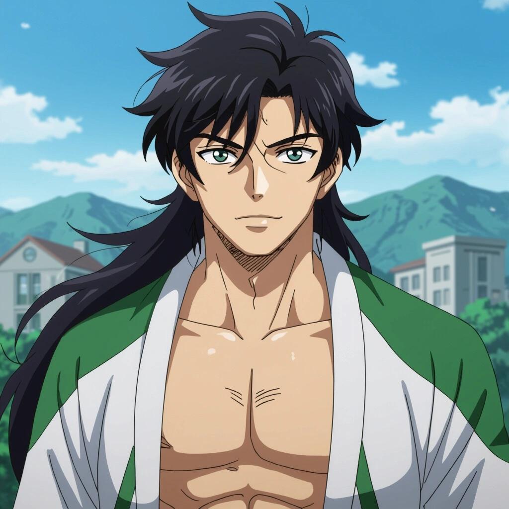 Anime character portrayed shirtless. He has long, dark hair and is wearing a green and white open jacket. The background features mountains and buildings in bright daylight.