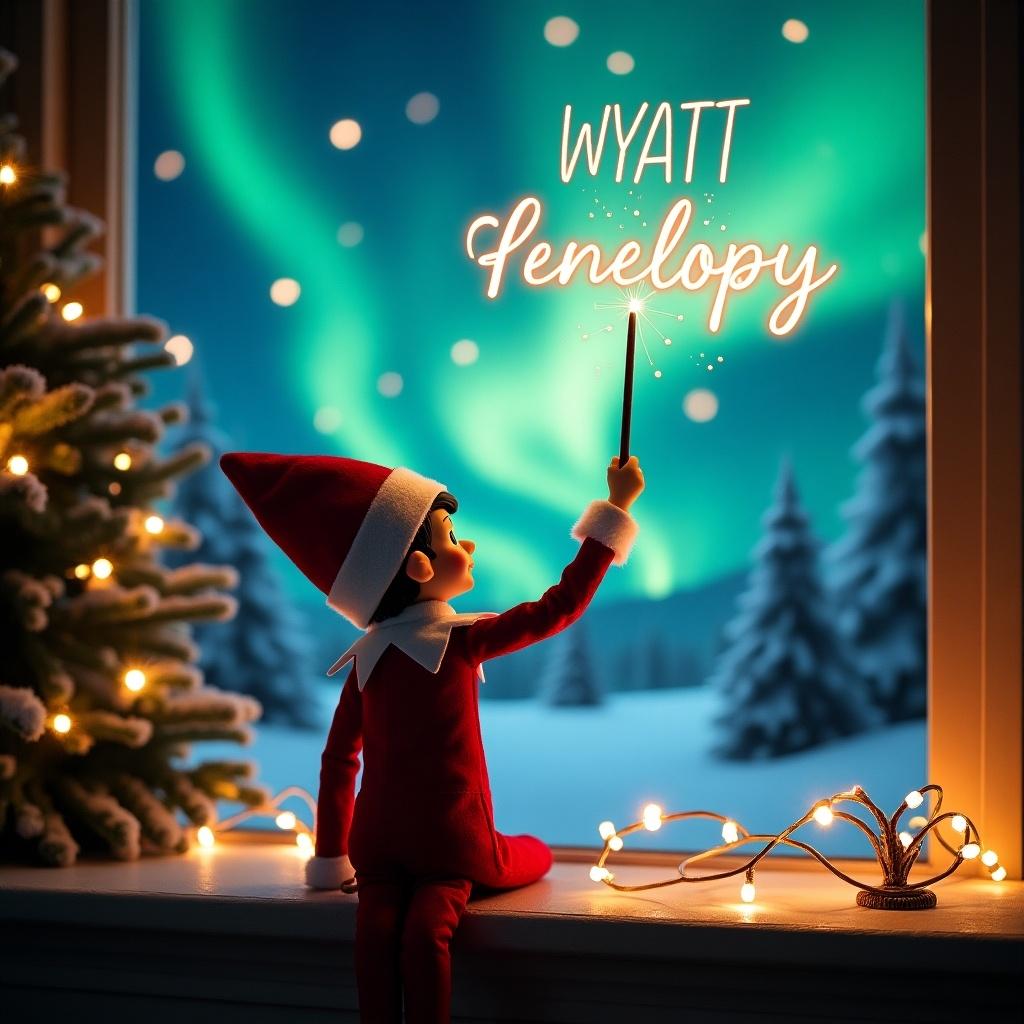 An enchanting Christmas scene featuring an elf on the shelf. The elf is dressed in red and white, with a cheerful expression while facing the vibrant northern lights. He holds a magic wand, writing the names 'WYATT', 'BRYDEIGH', 'PENELOPY', and 'DUBLYN' in glowing script above him. The cozy room is decorated with twinkling string lights. The atmosphere is festive, capturing the spirit of Christmas with a touch of magic. This whimsical scene evokes feelings of wonder and joy, perfect for the holiday season.