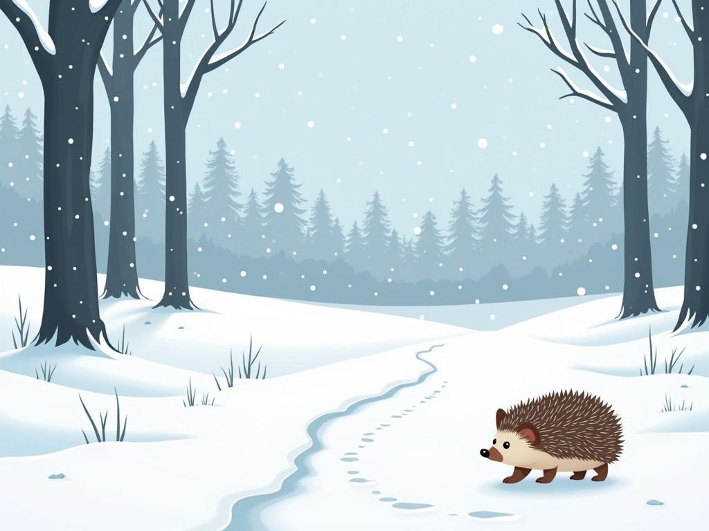 In a winter landscape, a small hedgehog walks on a snow-covered path. The scene is tranquil, with light blue skies and gentle snowfall. Tall trees stand bare, their branches highlighted with icicles. In the background, a line of snow-laden trees creates a quiet forest ambiance. The hedgehog's spiky back contrasts with the soft white snow. It seems curious and cautious as it navigates its snowy surroundings, leaving tiny footprints behind.