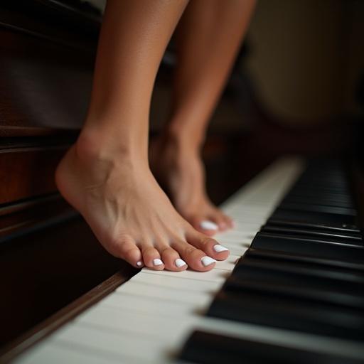 A woman's feet with white toenail polish positioned over piano keys. Side view focused on the elegant connection between the feet and piano. No hands visible.