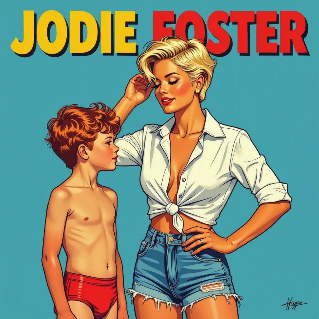 Comic-style illustration featuring Jodie Foster at age 20. Jodie exudes confidence. She wears a knotted white shirt with sleeves rolled up. Faded ripped denim shorts complement her punk-style short hair. The young boy stands facing her. He wears red speedos and has curly red hair. Interaction between them is dynamic and engaging. Bright colors embody the comic aesthetic.