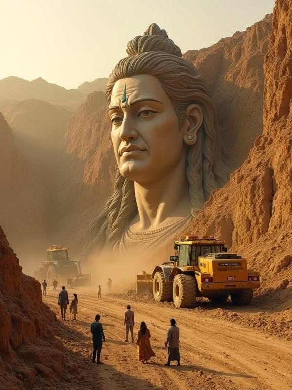 Cinematic scene of a giant statue of Lord Shiva emerging from dried lakebed in a desert landscape. JCB machines are digging around the statue. Villagers and workers are present, showing devotion. Dust in the air, warm evening light enhances the mystical feel. Focus on the statue's calm face and third eye.