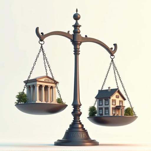 Digital illustration of an unbalanced scale with chains, a modern bank on the left pan, a Victorian-style house on the right pan, both centered, showing unequal weight.