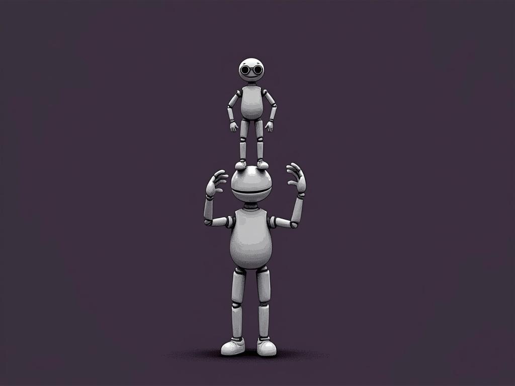 Minimalistic image of a puppet standing on another puppet's shoulders. The top puppet has binoculars. Background is dark purple.