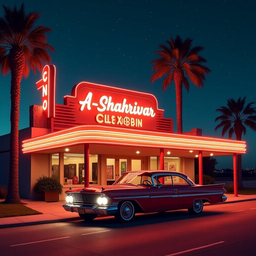 The image shows a vintage casino called A-Shahrivar lit with neon signs at night. A red vintage car is parked in front. The scene includes tall palm trees and a starry sky. Colors include vibrant red, orange and soft blues. The composition evokes feelings of adventure and nostalgia.