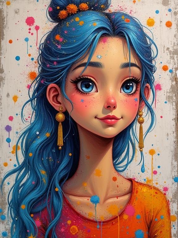 Portrait of a colorful yoga woman with blue hair wearing earrings. Background has splashes of color. Painting showcases thick texture and globs of paint. Artistic use of brush strokes. Bright and cheerful atmosphere.