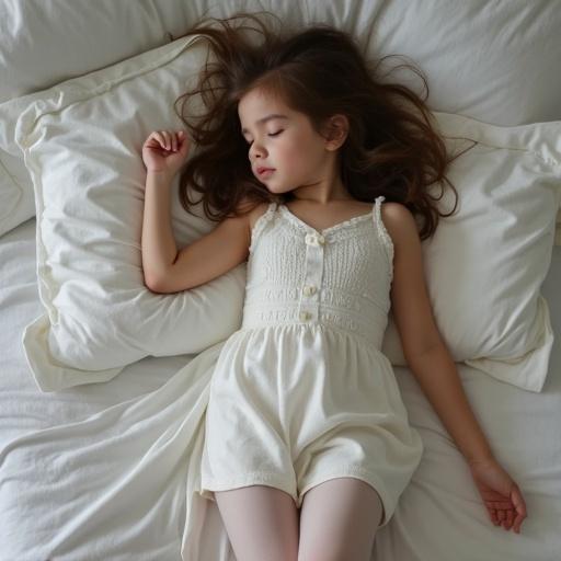 Full body view of a sleeping girl on a bed. Girl of nine years has brown hair and wears a blouse and miniskirt. She is dressed in white pantyhose. Scene conveys calmness and tranquility.