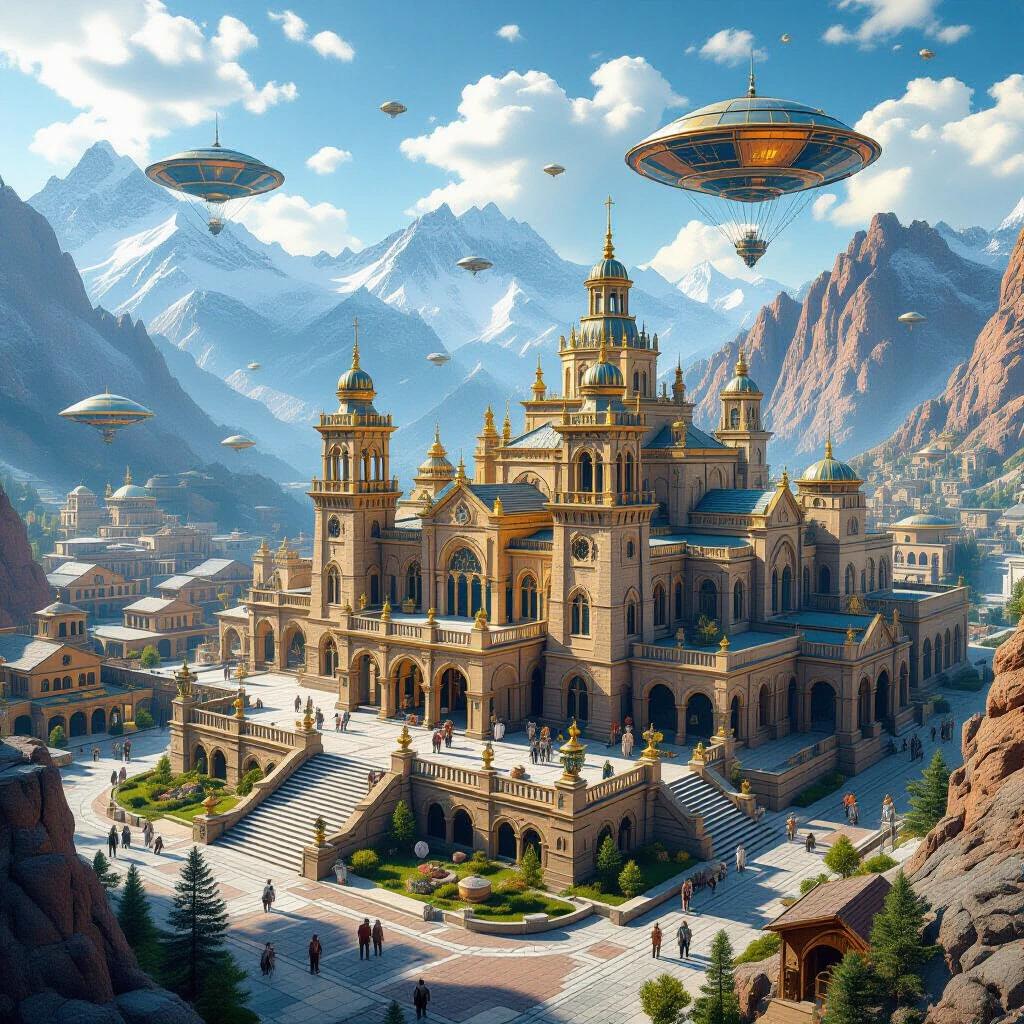 Drone shot of a mystical capital city-town hall surrounded by mountains and valleys. Features gorgeous architecture including 3D-printed structures, rod-iron towers, Pueblo Revival buildings, and Fachwerkhäuser. Scattered with alien technology such as mystical blimps, hot-air balloons, and flying fort structures. Scene engulfed in a magical nebula.