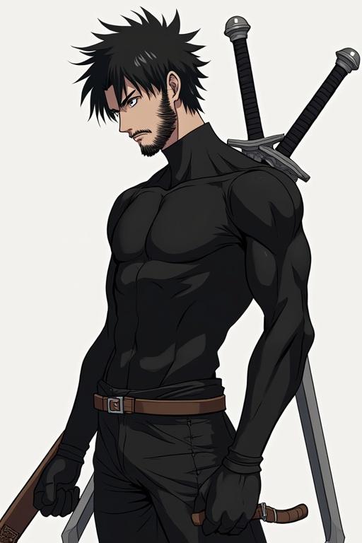 Generate anime style design of a character with black spiky hair and tight black outfit. Character holds sword at the back, has a complete beard and is muscular. The style resembles Attack on Titan. Character age is around 19-20.