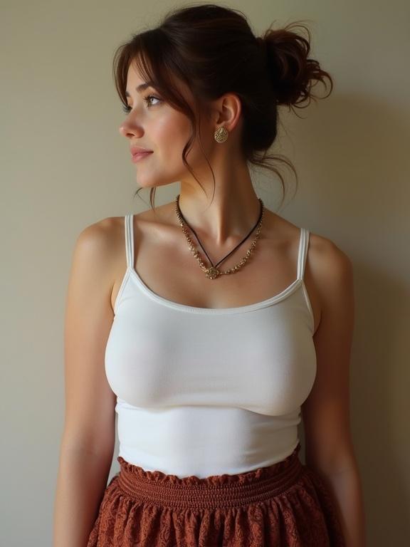 Woman with brown hair in an updo wearing a tank top and a brown skirt. She has a necklace and is posed elegantly, focusing on her facial profile.