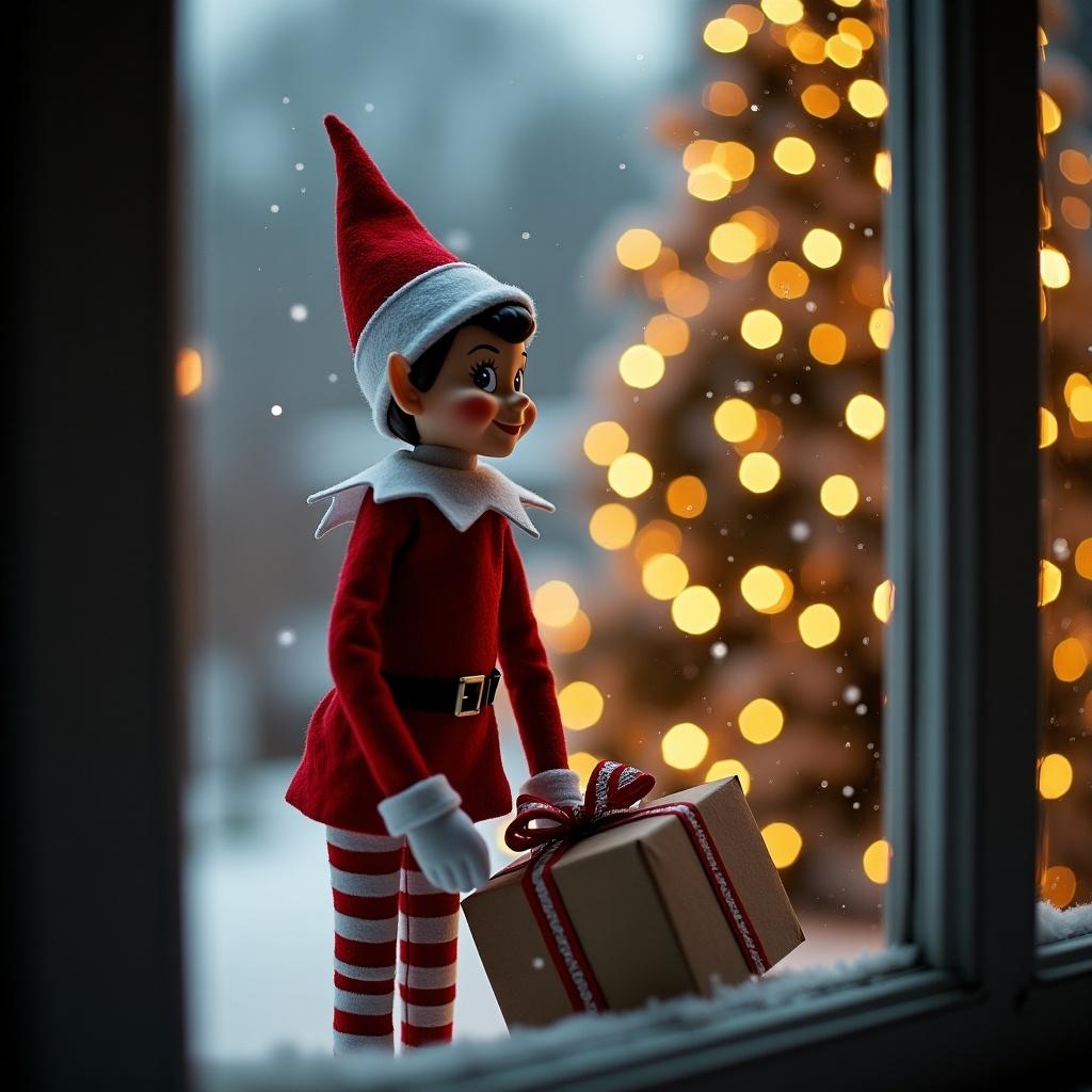 Christmas elf giving a gift outside a window. Snowy environment enhances the festive mood. Warm lights create a cozy background.