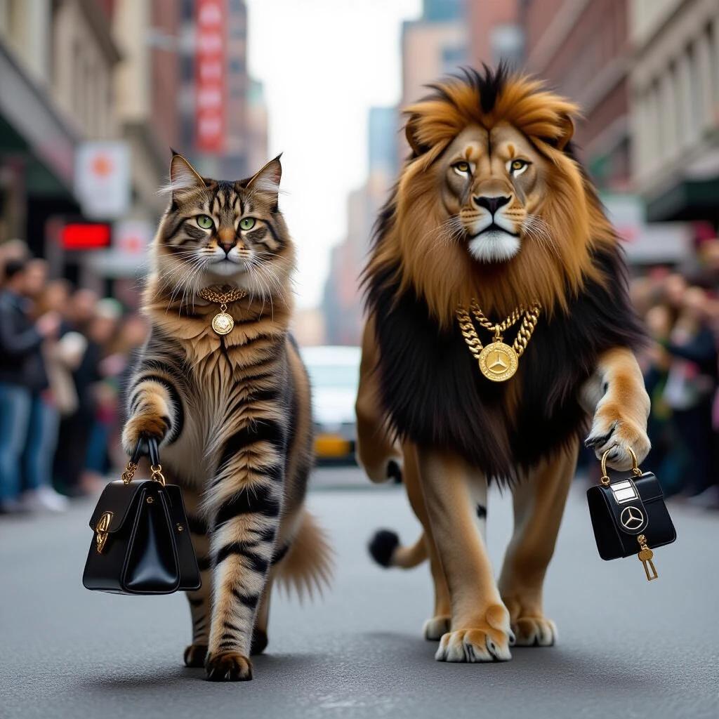 A rich classy cat walks on a city street. Cat holds a designer bag. She has a muscular lion husband beside her. Lion wears gold chains and holds a car key. Both appear rich and confident. Crowd admires them. Realistic style with playfulness.