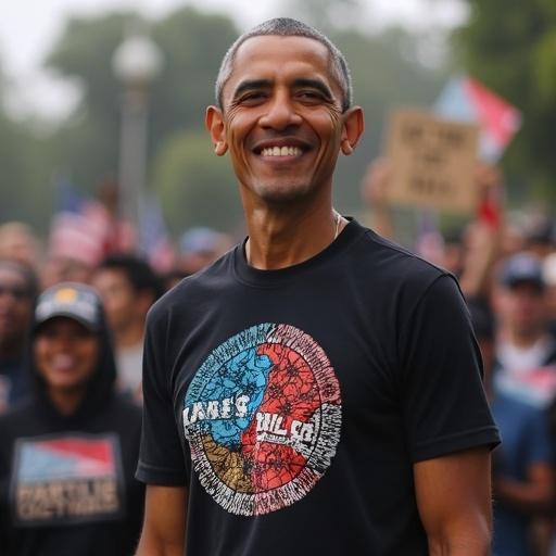 Obama smiling wearing Occupy Mars T-shirt with a crowd