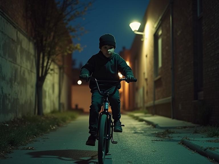 A street kid on BMX bicycle in urban decay alleyway. Looking towards camera. Night scene illuminated by street lights.