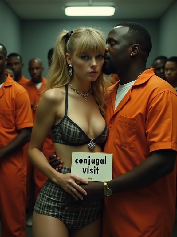 A stylized music video scene set in a prison cell. A striking blonde woman in a revealing outfit and a male prison inmate in an orange jumpsuit are positioned closely together. The woman shows fear while holding a sign that reads 'conjugal visit'. The background contains multiple male inmates, creating a tense atmosphere. Full body view, capturing the intensity of the moment.