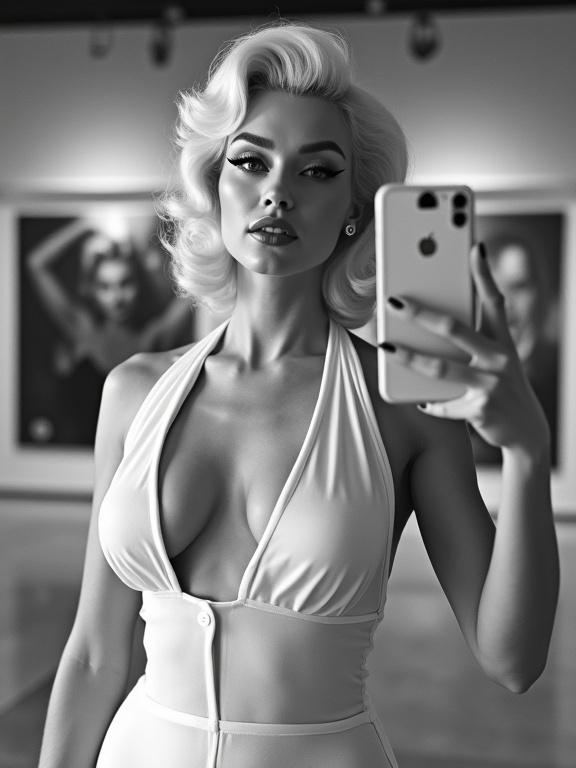 Glamorous woman styled like a vintage Hollywood icon. Platinum blonde curls and winged eyeliner. Beauty mark on her face. She stands confidently in a modern art gallery. Wearing a white transparent halter lingerie dress. Huge cleavage reminiscent of 1950s film stars. Captured in high-contrast black and white. Takes a selfie with a smartphone. Merging retro glamour with contemporary culture.