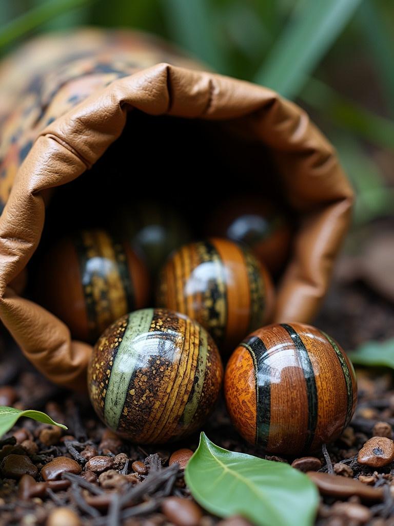 Hyper-realistic marbles made of snakeskin with wood inlays spill from a leather sack. Marbles feature stripes of exotic wood. Scene includes elements of the forest floor. Inspired by the Amazon jungle.