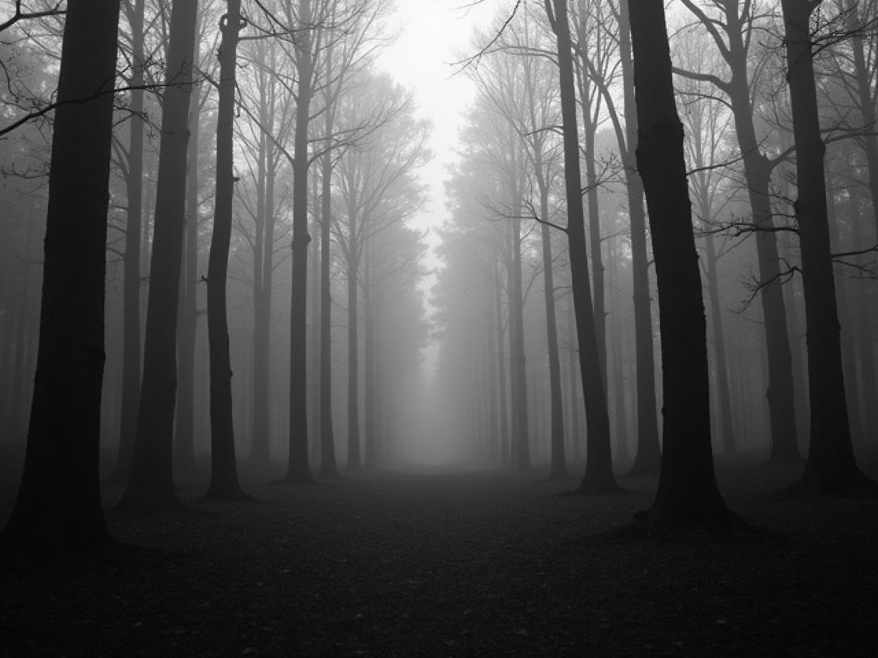 A serene and shadowy forest is enveloped in a thick, mysterious fog. Tall, slender trees stretch upwards, fading into the misty background. The scene is captured in haunting black and white, emphasizing the tranquility and eeriness of the environment. The pathway leads the viewer deeper into this tranquil yet mysterious setting. The overall ambiance evokes a sense of calm and contemplation amid the shadows.