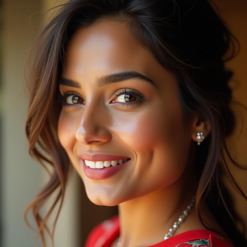 Close-up portrait of a woman in a red dress with a smiling expression. Elegant jewelry is visible. Natural lighting is used. The focus is on the facial features and attire.