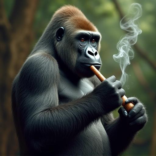 A Jamaican Gorilla is sitting and smoking a bong. The setting is a lush green forest with soft light. The gorilla has a calm posture while exhaling smoke. It creates an interesting and humorous visual. It focuses on the gorilla's hand holding the bong.