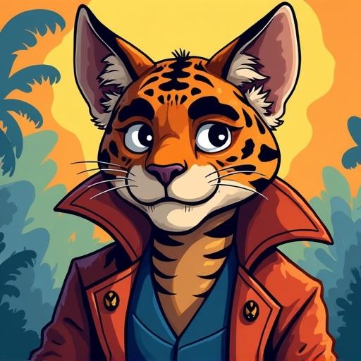 A stylized Bengal tiger character wearing a stylish coat against a vibrant background.