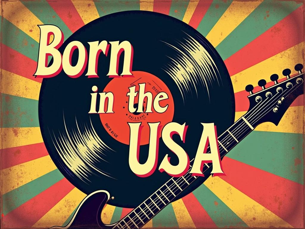 This artwork features a vintage design with a bold, graphic depiction of a vinyl record and electric guitar. The words "Born in the USA" are prominently displayed across the image, integrating with the record. The background showcases a vibrant, sunburst pattern in red, blue, and yellow, giving the image a dynamic, energetic feel reminiscent of classic rock and Americana themes.