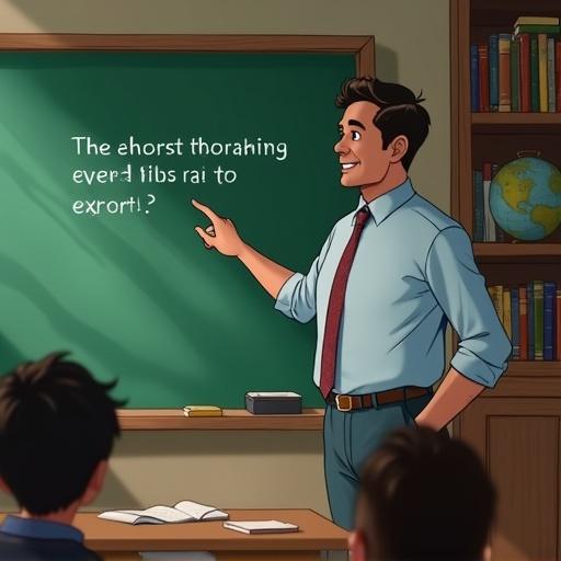 A male teacher stands in front of a green chalkboard in a classroom. The teacher points to a grammar question. Shelves of books and a globe are in the background. Bright lighting comes from a window. Ghibli animation style.