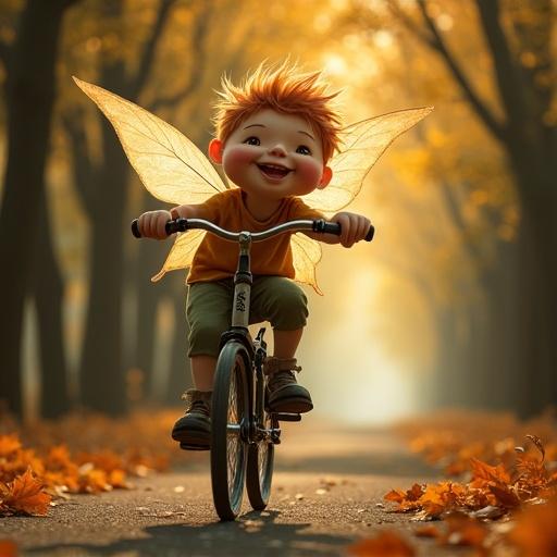 Pixie wearing wings rides a bicycle laughing. Scene set in tree tunnel during autumn foliage. Lifelike illustration style.