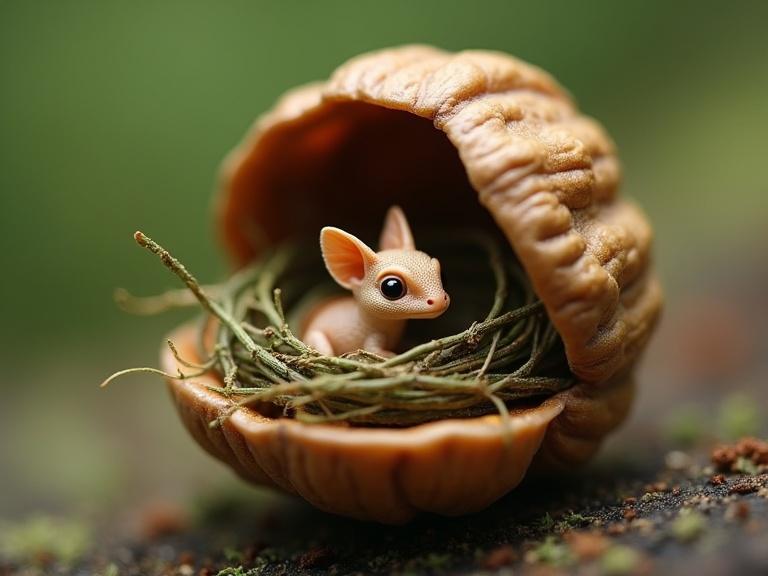 Macrophotography captures a super tiny cute nest inside a walnut shell with a tiny baby dragon. Warm natural colors are showcased. Focus on details of the dragon and shell.