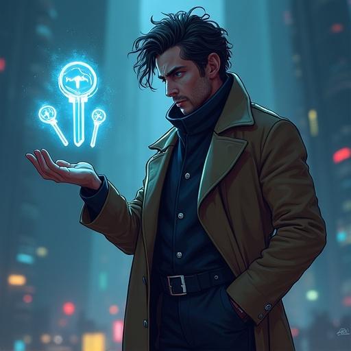 Digital illustration inspired by Ready Player One. Avatar of James Halliday with long coat and wild hair. Thoughtful expression, one hand raised. Four glowing keys float above his palm. Background is a digital OASIS scene. Text below: 'These 4 keys unlock the final treasure: Emotional Intelligence.' Cinematic and gamified style invites curiosity.