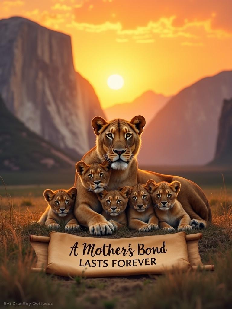 Scene shows a lioness lying with her five cubs during sunset in front of mountains. A scroll displays the words A Mother's Bond Lasts Forever.