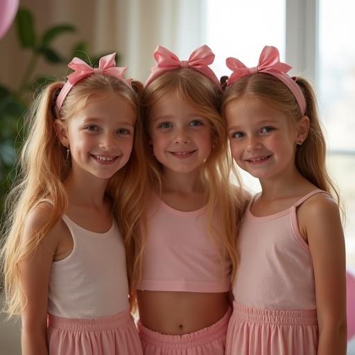 Three girls with long blonde hair and pink bows at a birthday party. Joyful atmosphere in a living room setting. All girls wear pink outfits and are smiling. The image has a low-resolution and pixelated aesthetic.