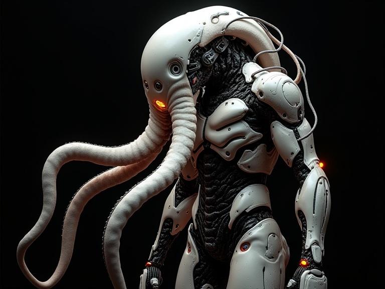 Organic fleshy creature with tentacles in mechanical exo suit. Sleek silver design with orange LEDs. Dark background highlights shadows and textures.