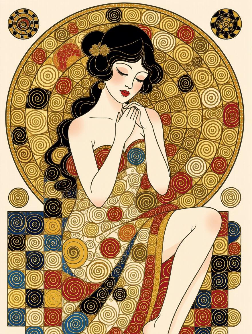 Glamorous mixed media artwork featuring a woman seated with intricate golden patterns. The background is composed of spirals and circles creating a harmonious look. The woman is portrayed in an elegant pose with soft features and a serene expression.