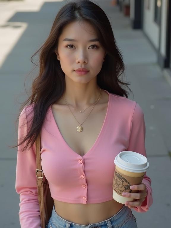 Beautiful woman in pink crop top walking in the street holding a coffee. Young and fashionable look. Eye-level perspective with warm lighting. Portrait captures a lifestyle moment.