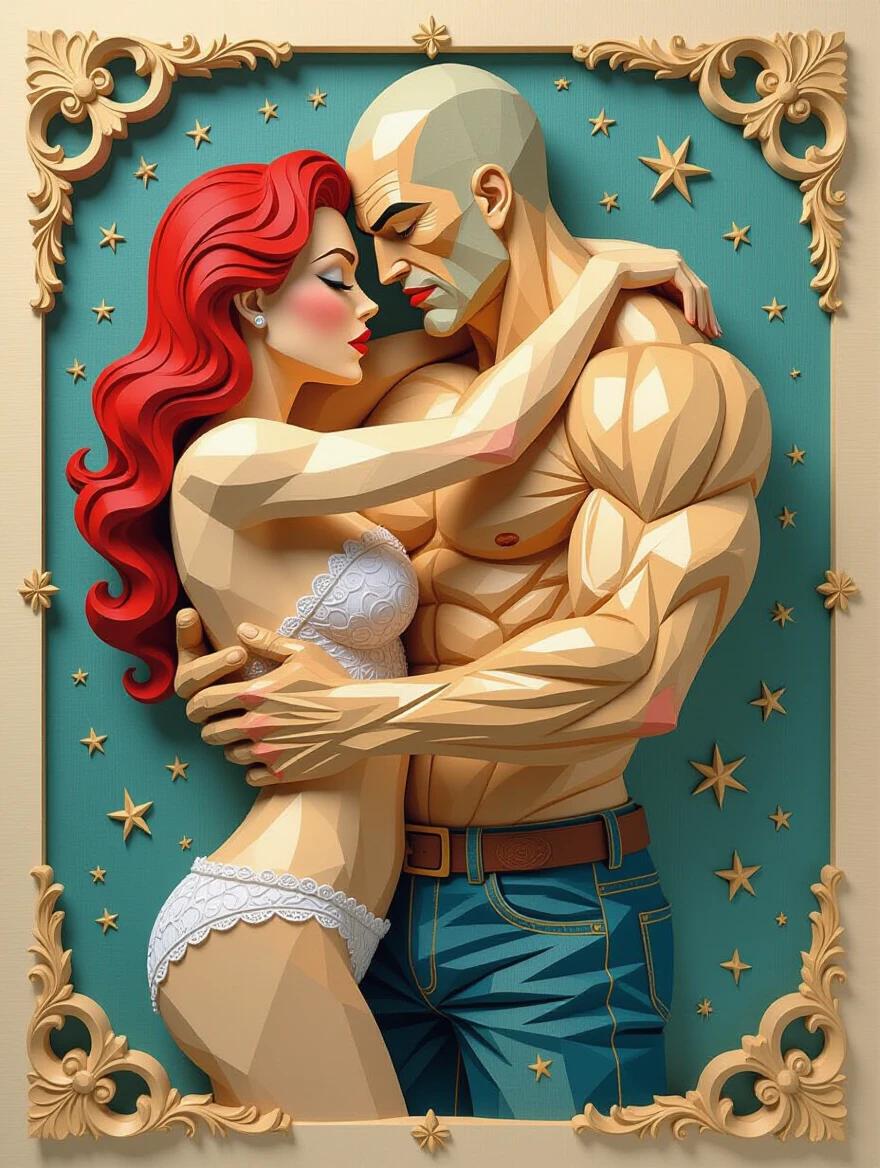 A colorful 3D illustration of a naked woman embracing a muscular man. The artwork resembles papercut designs made of colored balsam wood. The style is whimsical and intricately detailed, capturing action and adventure. The image has a storybook quality and combines mixed media elements in a vibrant palette.