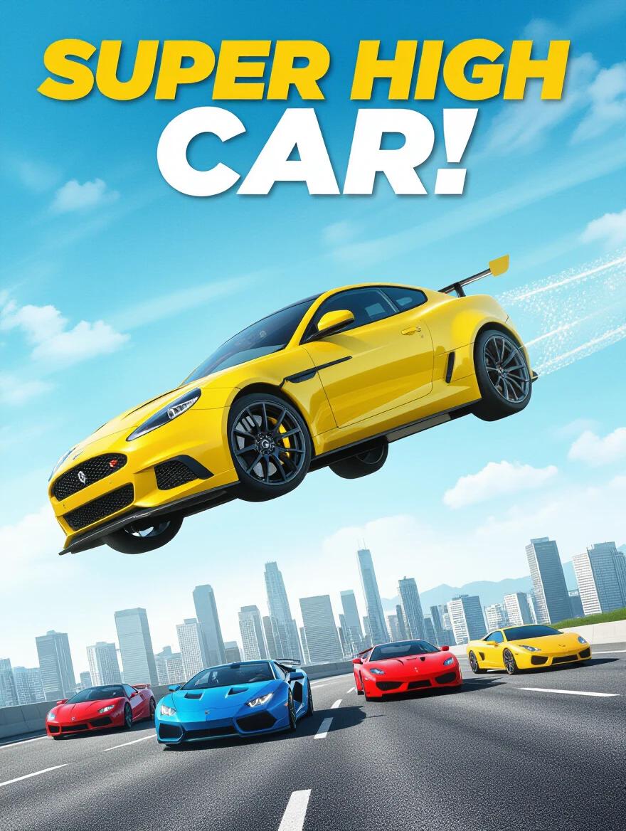 A vibrant illustration of a yellow sports car jumping in mid-air over a highway. Multiple colorful sports cars are below, showcasing a dynamic scene.