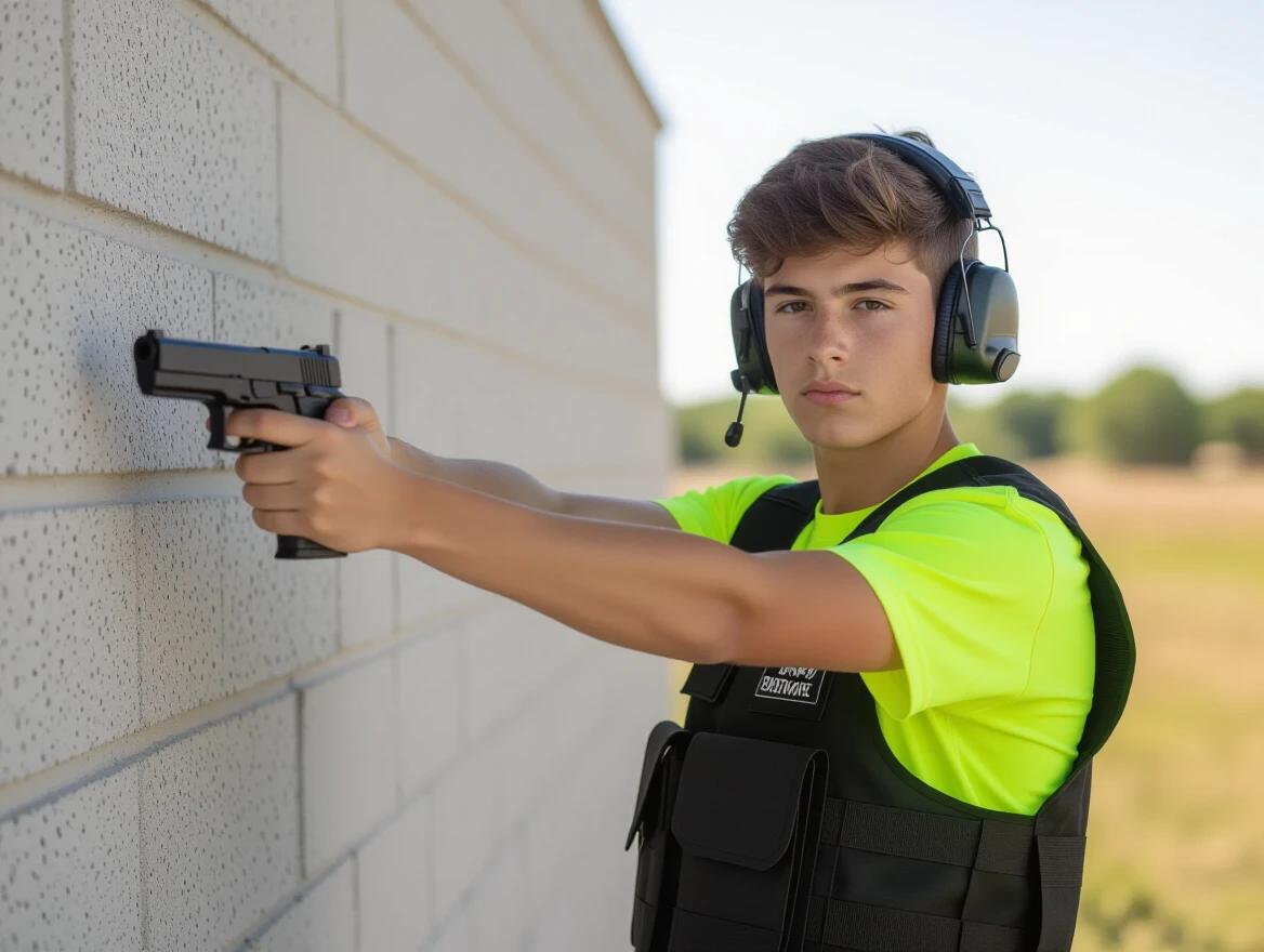 Photograph of a young shooter in an indoor range. He displays serene determination while aiming a handgun at a target. He wears a bright yellow oversized shirt beneath a black safety vest. Noise-canceling headphones protect his ears. A subtly textured gray wall is blurred in the background, keeping the focus on the shooter. Soft light illuminates his face, highlighting his anime-inspired features and showcasing a controlled power in his stance.