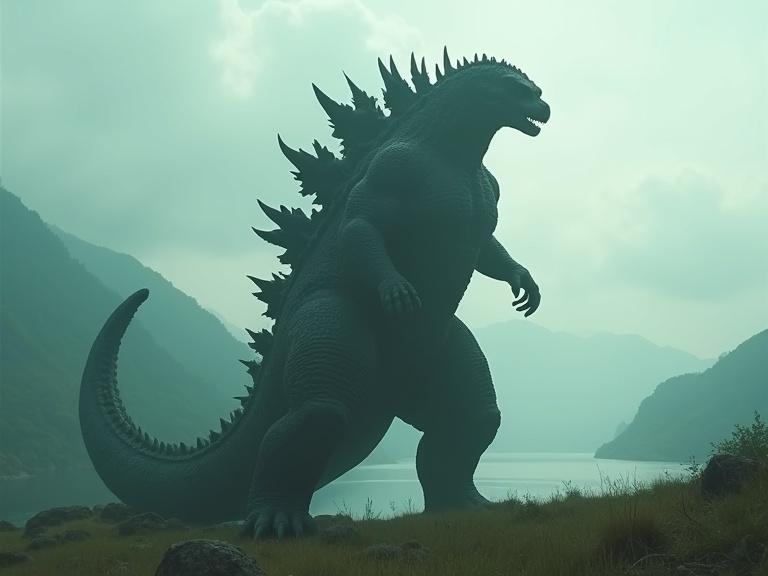 A huge dark grey humanoid creature with spiky texture and huge dorsal spines is seen from a low angle. This creature walks across grassy lands with hills, trees, and mountains in the background. The scene includes a reflective river and clouds, and is covered in fog. Lighting creates a dark atmospheric mood with realistic shadows and textures.