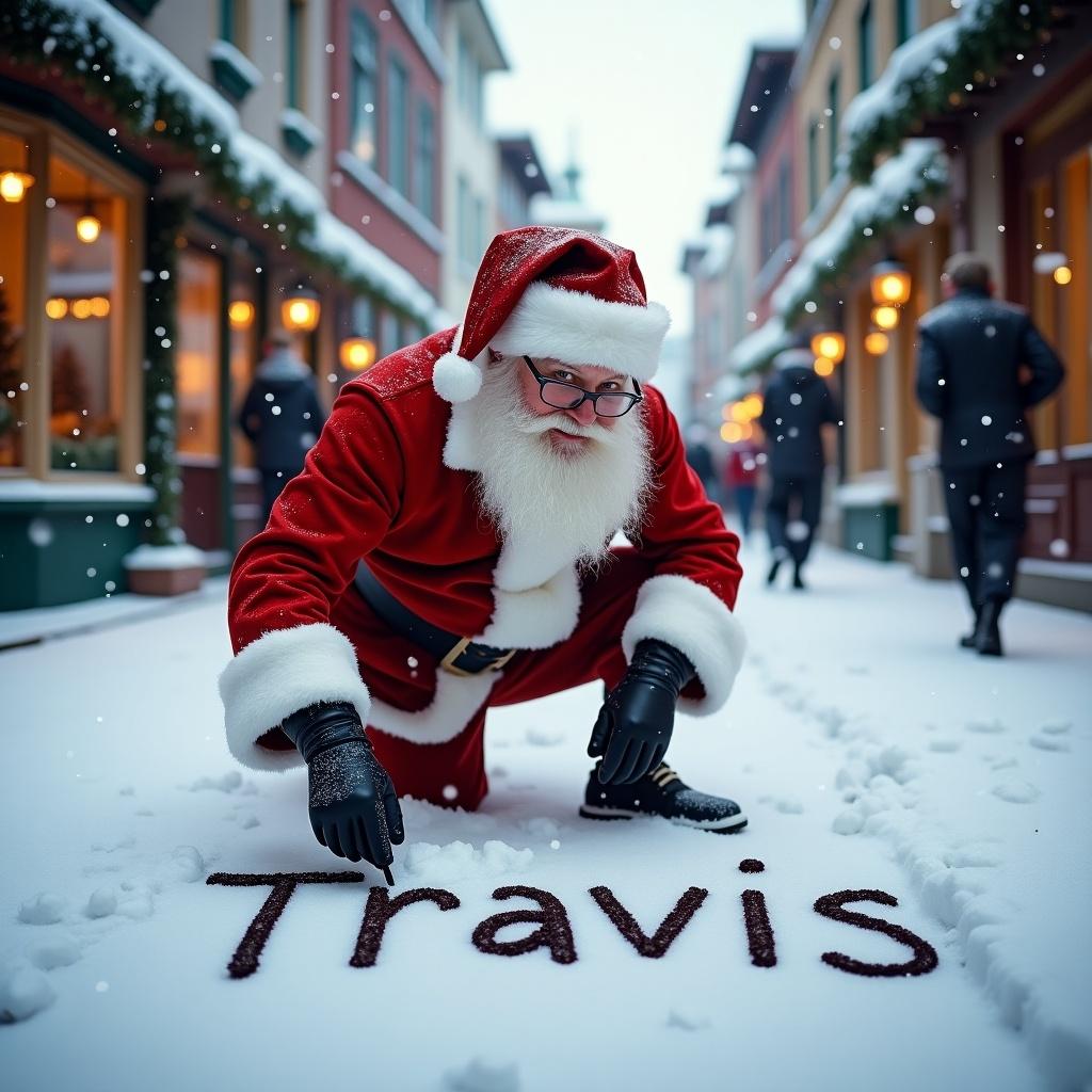 Santa Claus is writing the name Travis in snow. He wears traditional red and white attire. The snowy street is surrounded by charming buildings. Soft winter light creates a warm glow. The scene is cheerful and festive for the holiday season.