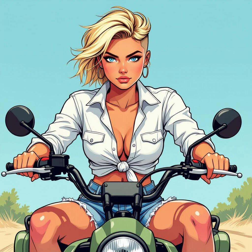 A 19-year-old woman sits on an off-road motorcycle. Bright blue eyes complement her crew cut and straw-blonde hair. She appears determined. Wearing ripped denim shorts and a white collared shirt, she has knotted the shirt at the front. Her hands are clasped behind her back. Shoulders are hunched back. The image has a semi-realistic comic style with bold contour lines.