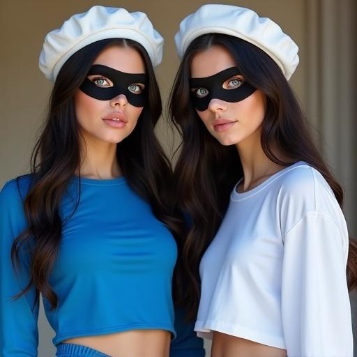 Two young women stand side by side. Both women have blue eyes and dark hair. The woman on the left wears a blue long-sleeve T-shirt with a white collar a white beret and a blue mini skirt. The woman displays an expression of surprise and excitement. The woman on the right wears a white long-sleeve T-shirt with a blue collar a blue beret and a white mini skirt. She also shows an expression of surprise and excitement. They are inspired by Neapolitan culture.