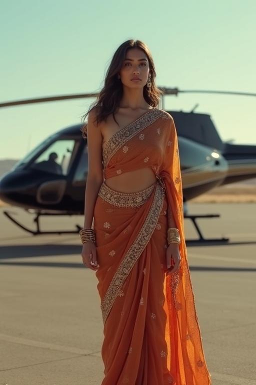A girl is wearing a formal saree. She stands confidently in front of a private helicopter. Bright sunlight creates a warm atmosphere. The scene captures elegance and style.