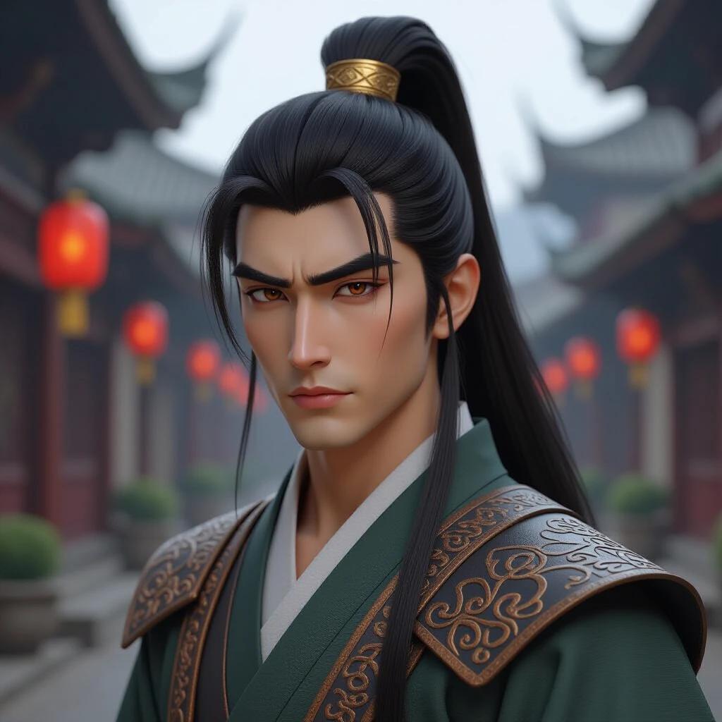 A 3D ultra-realistic character that represents an ancient Chinese male. The character appears 35 years old, tall with long black hair tied into a high ponytail bun. He wears a sandalwood hair crown. His square face features prominent cheekbones and a broad nose. The character's amber-colored eyes show anxiety and fatigue, with a sharply angled jawline. The robe is made of coarse linen, and the overall image has film-grade lighting and high resolution.