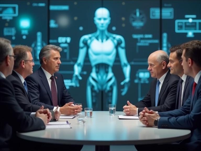 Meeting of politicians discussing AI regulations. Participants are seated around a table. A holographic AI figure is displayed in the background. The setting is modern and high-tech.