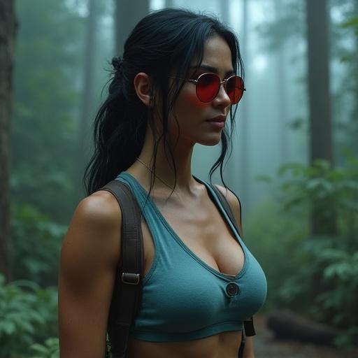 A woman with dark hair stands in a misty forest wearing a light blue top and circular red sunglasses. The scene evokes adventure with a focus on her facial expression and details.