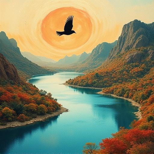 Aerial perspective of a vibrant landscape featuring a lake with fluid curves surrounded by mountains and autumn foliage. A silhouette of a bird in flight against a warm sun. The scene combines detailed linework with an otherworldly feeling.