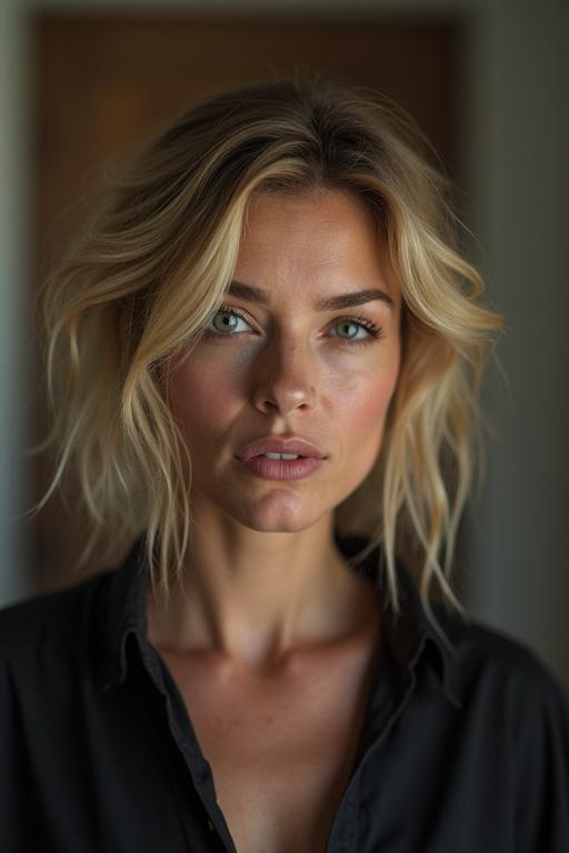 Portrait of a beautiful woman with dark blonde hair and striking eyes, conveying confidence and resilience. Her expression reflects personal success and a journey of overcoming bullying.